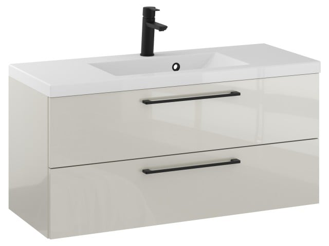 Szafka Wisząca Z Umywalką RON 100 cm - Kaszmir Wysoki Połysk - Uchwyty Czarne Matowe