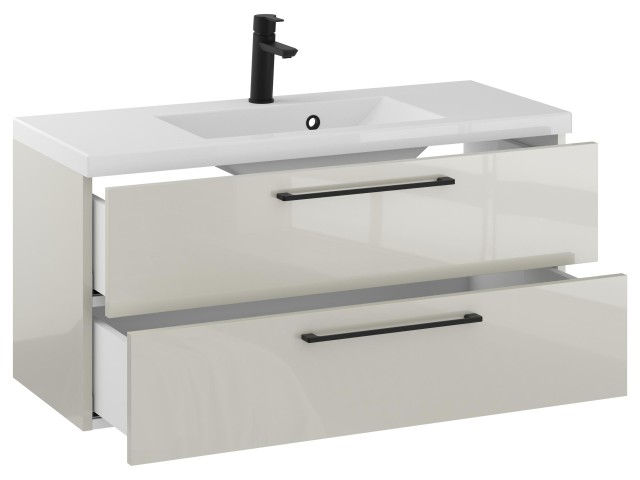 Szafka Wisząca Z Umywalką RON 100 cm - Kaszmir Wysoki Połysk - Uchwyty Czarne Matowe