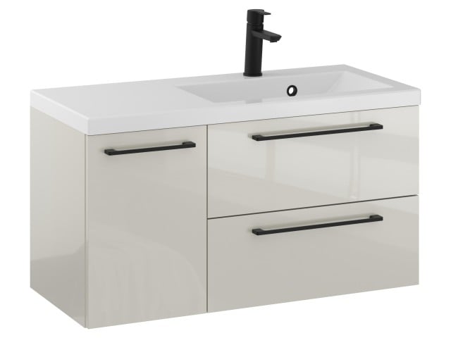 Szafka Wisząca Z Umywalką RON 90 cm D Prawa - Kaszmir Wysoki Połysk - Uchwyty Czarne Matowe Szafka Wisząca Z Umywalką RON 90 cm D Prawa - Kaszmir Wysoki Połysk - Uchwyty Czarne Matowe