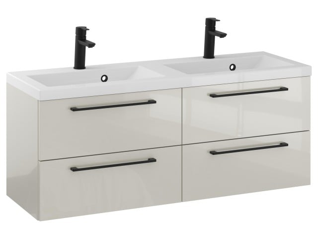 Szafka Wisząca Z Umywalką RON 120 cm DUO - Kaszmir Wysoki Połysk - Uchwyty Czarne Matowe Szafka Wisząca Z Umywalką RON 120 cm DUO - Kaszmir Wysoki Połysk - Uchwyty Czarne Matowe