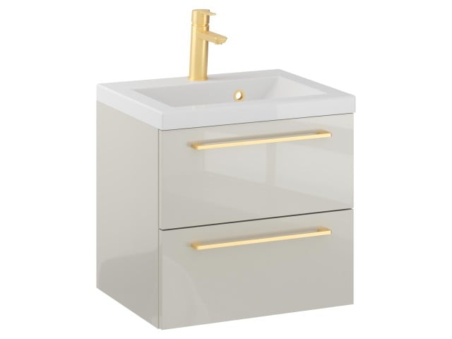 Szafka Wisząca Z Umywalką RON 50 cm - Kaszmir Wysoki Połysk - Uchwyty Złote Szczotkowane Szafka Wisząca Z Umywalką RON 50 cm - Kaszmir Wysoki Połysk - Uchwyty Złote Szczotkowane