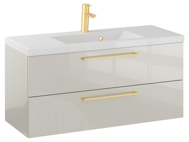 Szafka Wisząca Z Umywalką RON 100 cm - Kaszmir Wysoki Połysk - Uchwyty Złote Szczotkowane Szafka Wisząca Z Umywalką RON 100 cm - Kaszmir Wysoki Połysk - Uchwyty Złote Szczotkowane