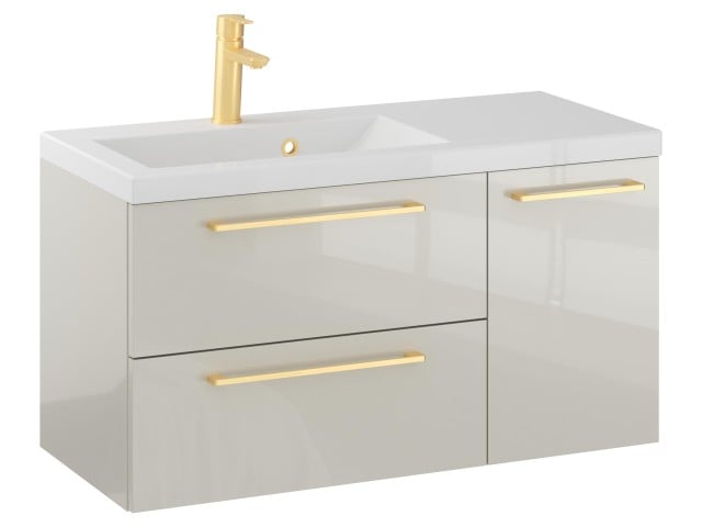 Szafka Wisząca Z Umywalką RON 90 cm D Lewa - Kaszmir Wysoki Połysk - Uchwyty Złote Szczotkowane Szafka Wisząca Z Umywalką RON 90 cm D Lewa - Kaszmir Wysoki Połysk - Uchwyty Złote Szczotkowane