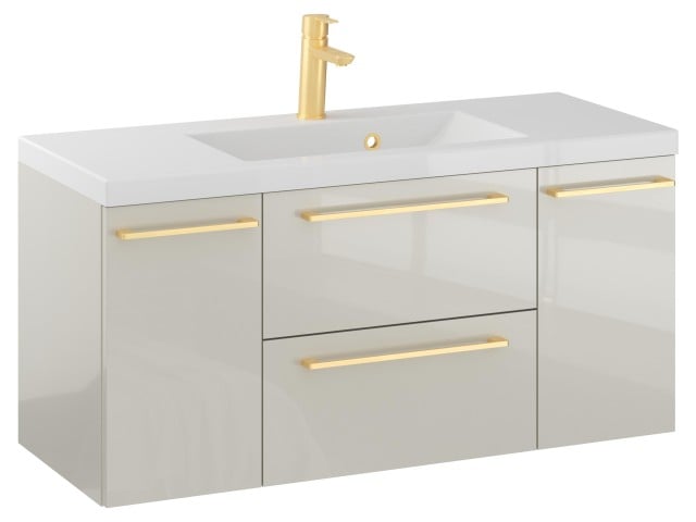 Szafka Wisząca Z Umywalką RON 100 cm D - Kaszmir Wysoki Połysk - Uchwyty Złote Szczotkowane Szafka Wisząca Z Umywalką RON 100 cm D - Kaszmir Wysoki Połysk - Uchwyty Złote Szczotkowane