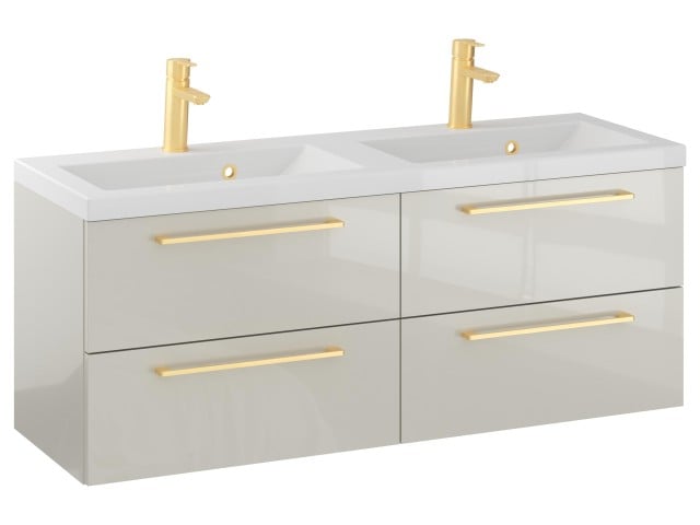 Szafka Wisząca Z Umywalką RON 120 cm DUO - Kaszmir Wysoki Połysk - Uchwyty Złote Szczotkowane Szafka Wisząca Z Umywalką RON 120 cm DUO - Kaszmir Wysoki Połysk - Uchwyty Złote Szczotkowane
