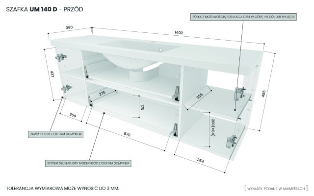 Szafka Wisząca Z Umywalką RON 140 cm D - Kaszmir Mat - Uchwyty Białe Matowe