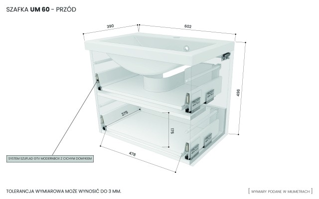 Szafka Wisząca Z Umywalką RON 60 cm - Kaszmir Mat - Uchwyty Chromowane