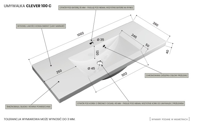 Szafka Wisząca Z Umywalką RON 100 cm D - Kaszmir Mat - Uchwyty Chromowane