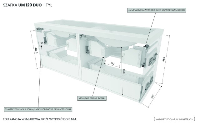 Szafka Wisząca Z Umywalką RON 120 cm DUO - Kaszmir Mat - Uchwyty Chromowane