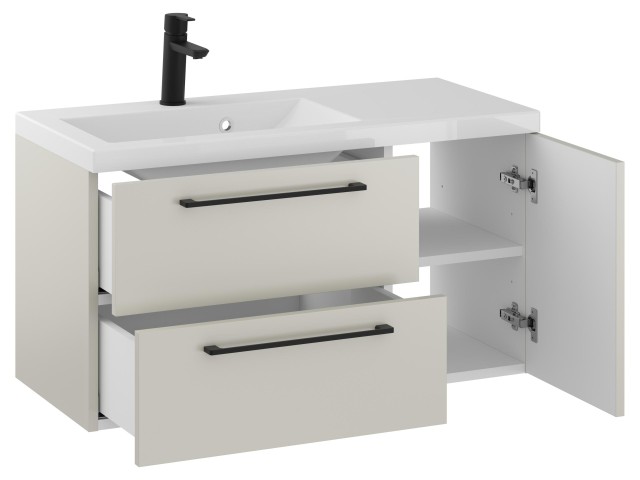 Szafka Wisząca Z Umywalką RON 90 cm D Lewa - Kaszmir Mat - Uchwyty Czarne Matowe