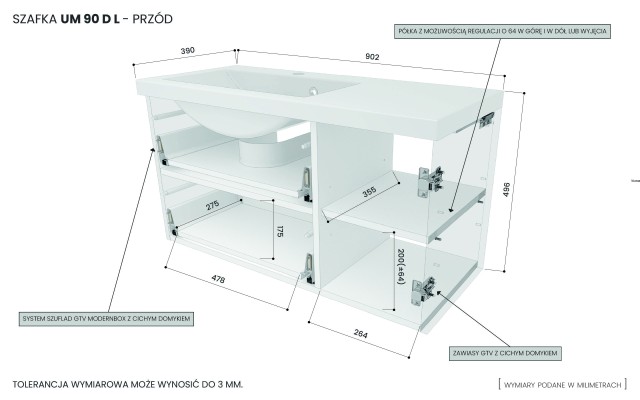 Szafka Wisząca Z Umywalką RON 90 cm D Lewa - Kaszmir Mat - Uchwyty Czarne Matowe