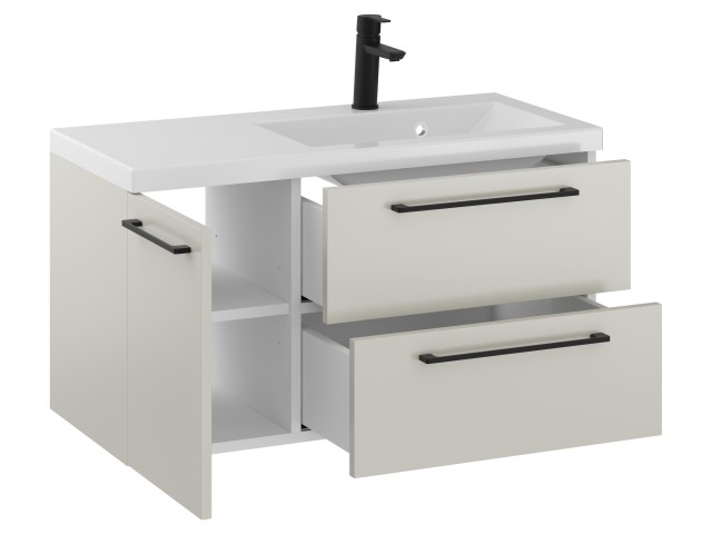 Szafka Wisząca Z Umywalką RON 90 cm D Prawa - Kaszmir Mat - Uchwyty Czarne Matowe