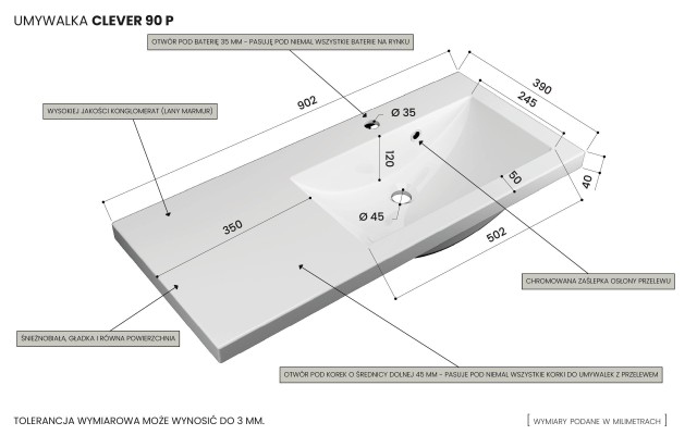 Szafka Wisząca Z Umywalką RON 90 cm D Prawa - Kaszmir Mat - Uchwyty Czarne Matowe