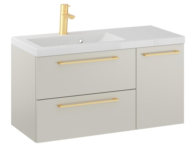 Szafka Wisząca Z Umywalką RON 90 cm D Lewa - Kaszmir Mat - Uchwyty Złote Szczotkowane