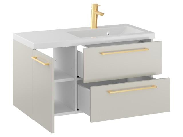 Szafka Wisząca Z Umywalką RON 90 cm D Prawa - Kaszmir Mat - Uchwyty Złote Szczotkowane