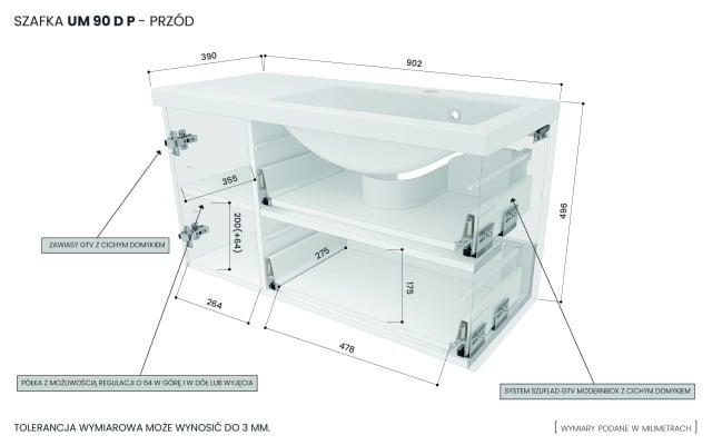 Szafka Wisząca Z Umywalką RON 90 cm D Prawa - Kaszmir Mat - Uchwyty Złote Szczotkowane