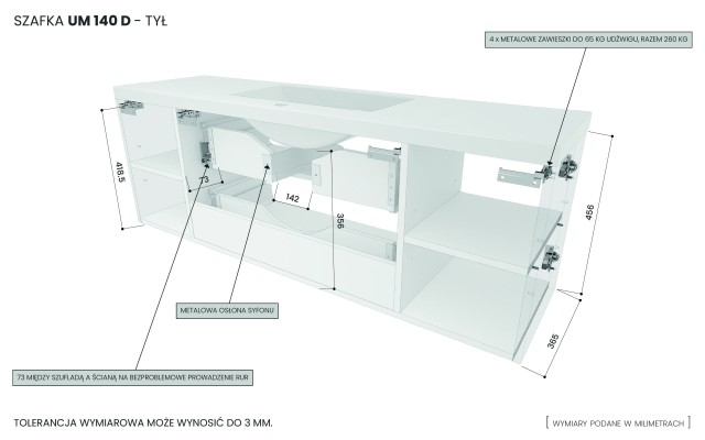 Szafka Wisząca Z Umywalką RON 140 cm D - Kaszmir Mat - Uchwyty Złote Szczotkowane