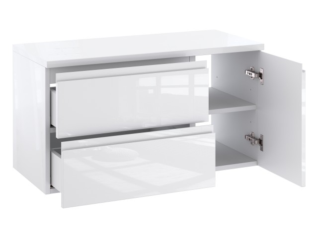 Szafka Łazienkowa z Blatem NOV 90 cm D Lewa - Biały Lakier Połysk, Uchwyty Frezowane
