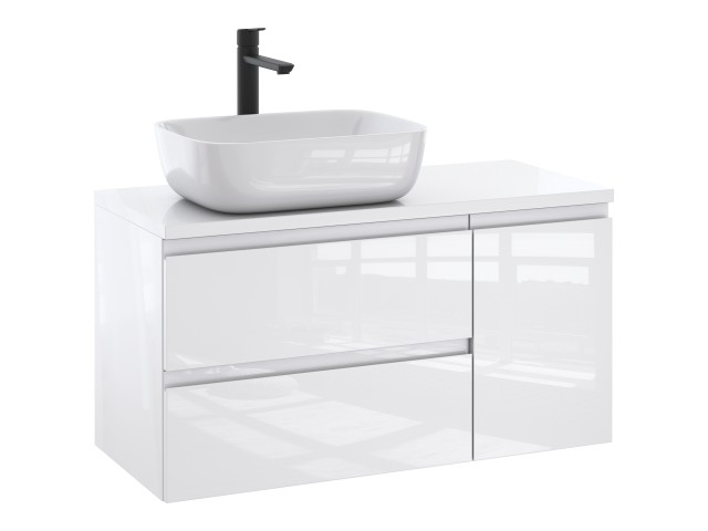 Szafka Łazienkowa z Blatem NOV 90 cm D Lewa - Biały Lakier Połysk, Uchwyty Frezowane