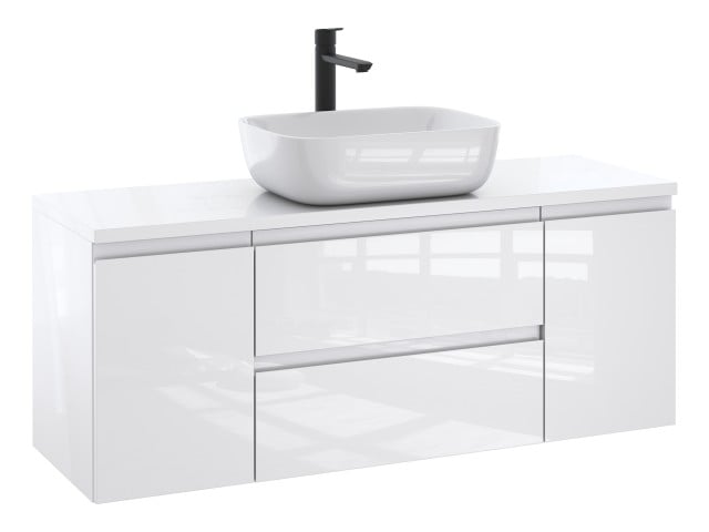 Szafka Łazienkowa z Blatem NOV 120 cm D - Biały Lakier Połysk, Uchwyty Frezowane