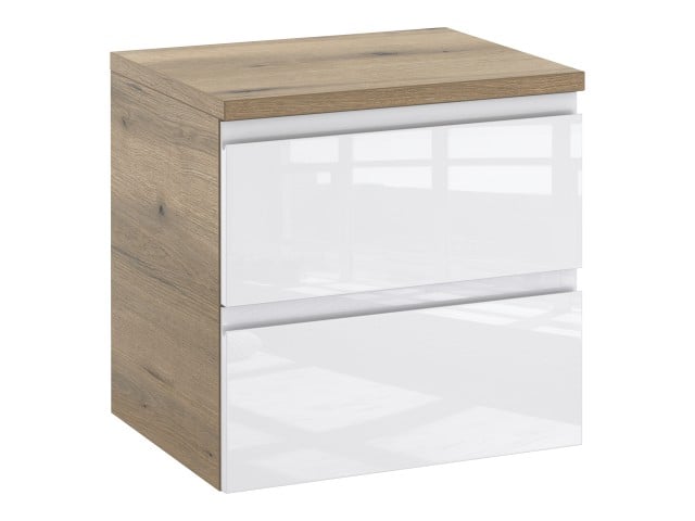 Szafka Łazienkowa z Blatem NOV 50 cm - Boki Dąb Evoke, Biały Lakier Połysk, Uchwyty Frezowane