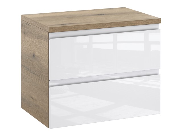 Szafka Łazienkowa z Blatem NOV 60 cm - Boki Dąb Evoke, Biały Lakier Połysk, Uchwyty Frezowane