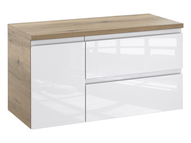 Szafka Łazienkowa z Blatem NOV 90 cm D Prawa - Dąb Evoke, Biały Lakier Połysk, Uchwyty Frezowane