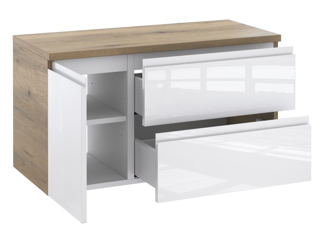 Szafka Łazienkowa z Blatem NOV 90 cm D Prawa - Dąb Evoke, Biały Lakier Połysk, Uchwyty Frezowane