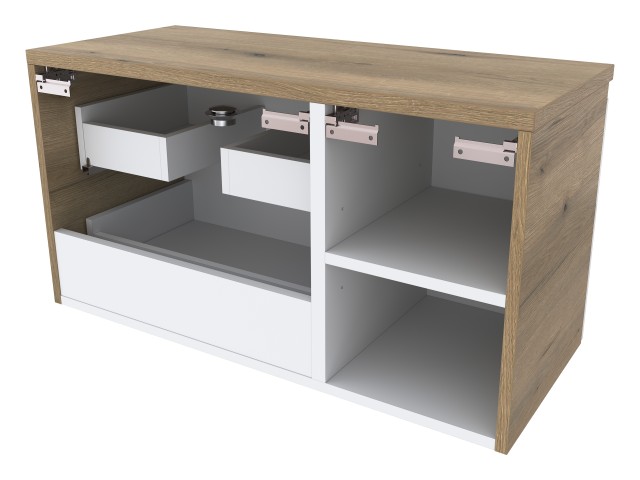 Szafka Łazienkowa z Blatem NOV 90 cm D Prawa - Dąb Evoke, Biały Lakier Połysk, Uchwyty Frezowane