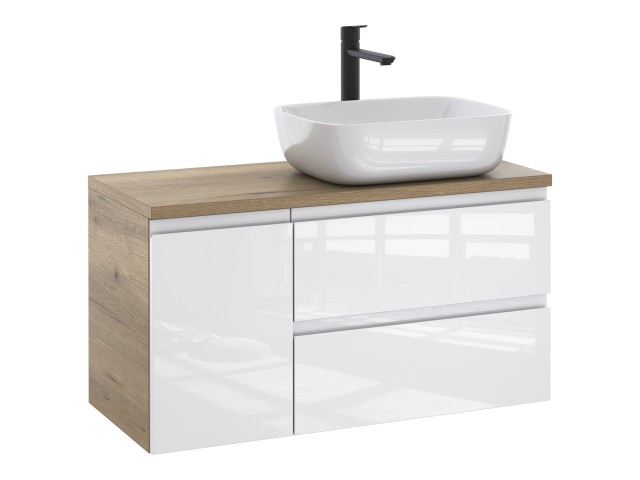 Szafka Łazienkowa z Blatem NOV 90 cm D Prawa - Dąb Evoke, Biały Lakier Połysk, Uchwyty Frezowane