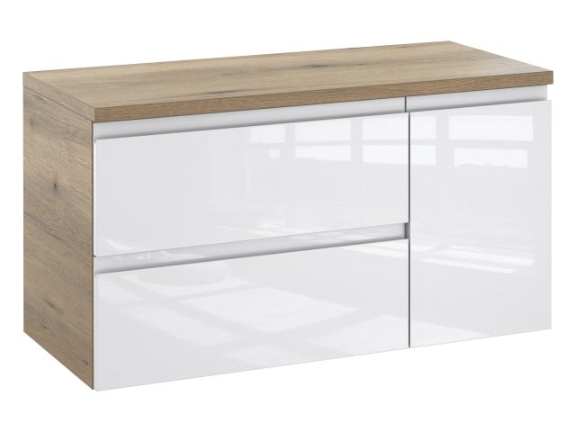 Szafka Łazienkowa z Blatem NOV 90 cm D Lewa - Dąb Evoke, Biały Lakier Połysk, Uchwyty Frezowane