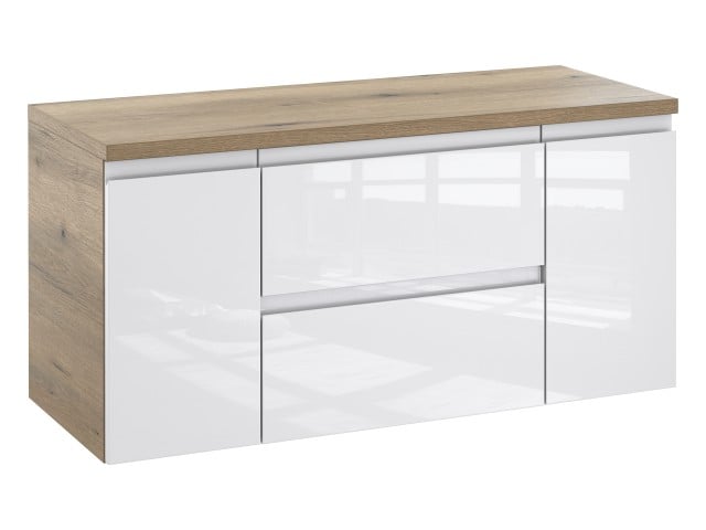 Szafka Łazienkowa z Blatem NOV 100 cm D - Dąb Evoke, Biały Lakier Połysk, Uchwyty Frezowane