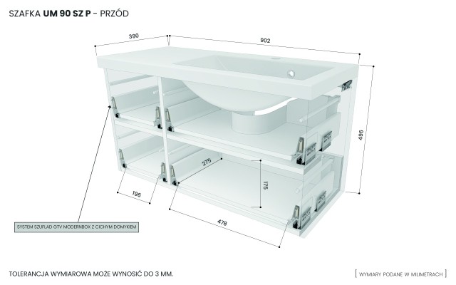 Szafka Wisząca Z Umywalką ATHD 90 cm S Prawa - Dąb Evoke Coast Mat - Uchwyty Chromowane