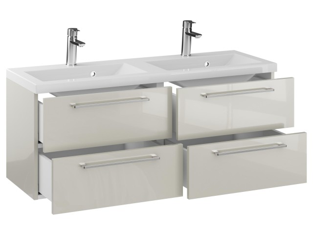 Szafka Wisząca Z Umywalką RON 120 cm DUO - Kaszmir Wysoki Połysk - Uchwyty Chromowane