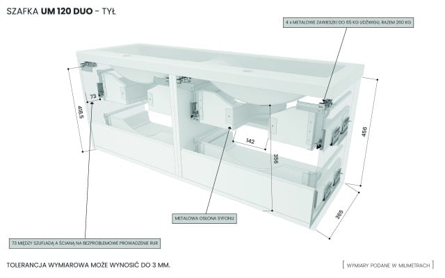 Szafka Wisząca Z Umywalką RON 120 cm DUO - Kaszmir Wysoki Połysk - Uchwyty Chromowane