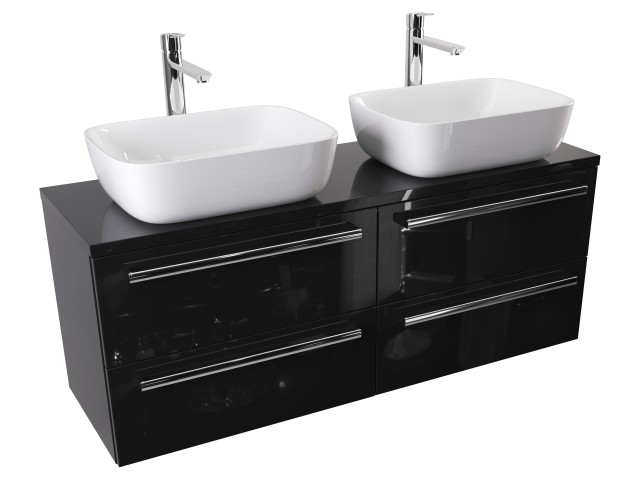 Szafka Wisząca Z Umywalką Nablatową ATH 120 cm DUO - Czarny Wysoki Połysk - Uchwyty Chromowane