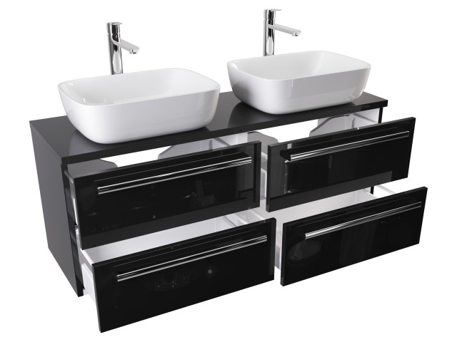 Szafka Wisząca Z Umywalką Nablatową ATH 120 cm DUO - Czarny Wysoki Połysk - Uchwyty Chromowane