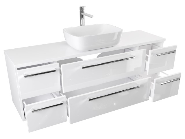 Szafka Wisząca Z Umywalką Nablatową ATH 140 cm S - Biały Wysoki Połysk - Uchwyty Chromowane