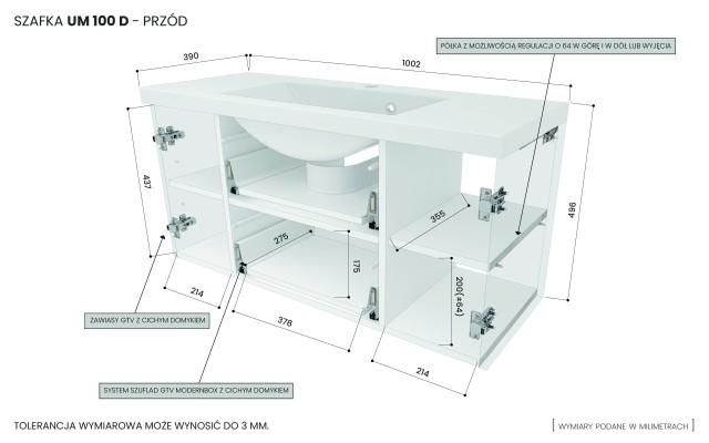 Szafka Wisząca Z Umywalką ATH 100 cm D - Biały Mat - Uchwyty Złote Polerowane